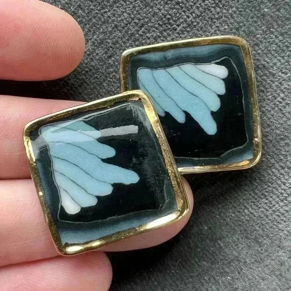 Vintage 80s Glass Earrings | Blue Geometric Abstract Pattern | Stud Earrings